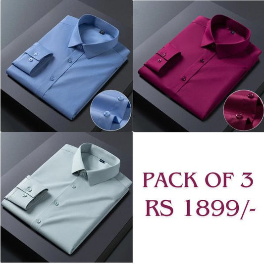 Three cotton shirts in denim blue, maroon, and pink colors are displayed in a collage format with a neck down view highlighting the collar and button details.