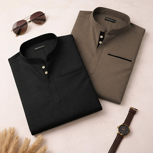 Pack Of 2 Urban Fit Black & Mehendi Short Linen Kurta For Men