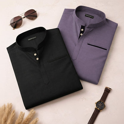 Pack Of 2 Urban Fit Black & Purple Short Linen Kurta For Men