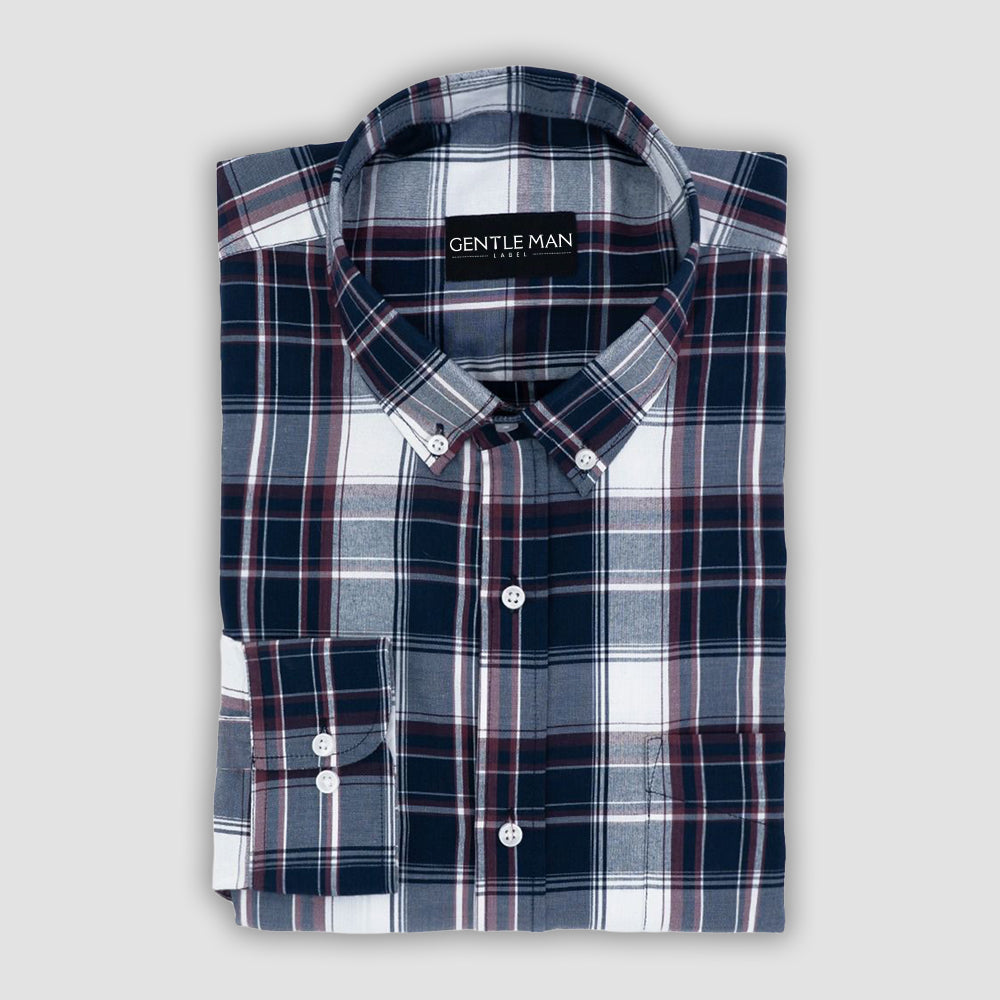 Navy Blue Check Paper Cotton Shirt For Men