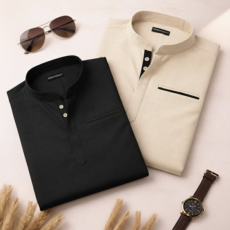 Pack Of 2 Urban Fit Cream & Black Short Linen Kurta For Men