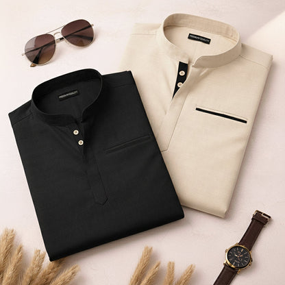 Pack Of 2 Urban Fit Cream & Black Short Linen Kurta For Men