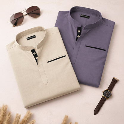 Pack Of 2 Urban Fit Cream & Purple Short Linen Kurta For Men