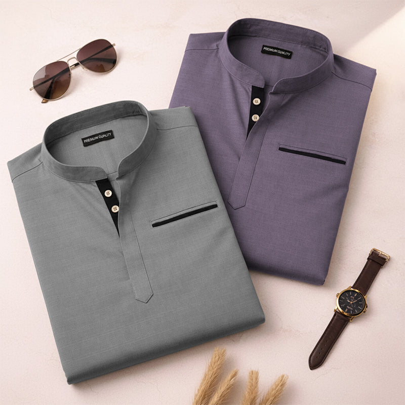 Pack Of 2 Urban Fit Grey & Purple Short Linen Kurta For Men