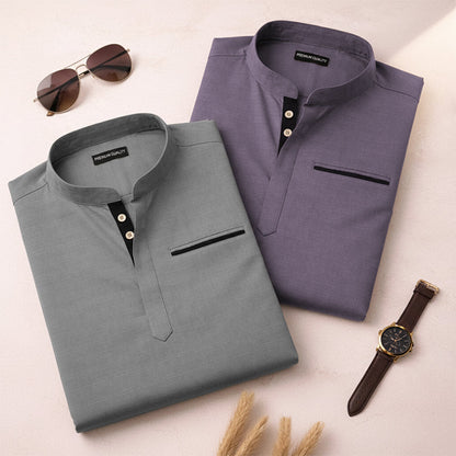 Pack Of 2 Urban Fit Grey & Purple Short Linen Kurta For Men