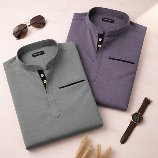 Pack Of 2 Urban Fit Grey & Purple Short Linen Kurta For Men