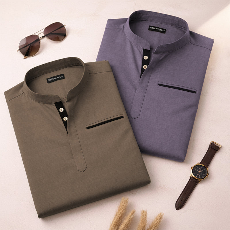 Pack Of 2 Urban Fit Mehendi & Purple Short Linen Kurta For Men
