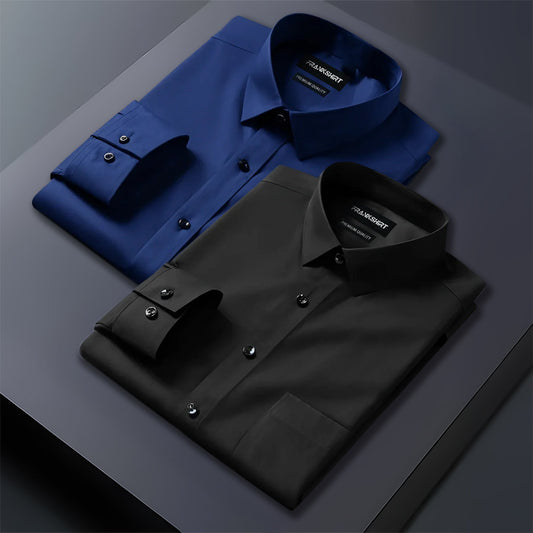 Black and blue dress shirts on a dark gray surface