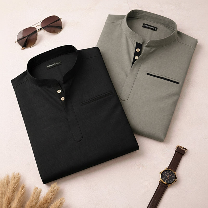 Pack Of 2 Urban Fit Olive & Black Short Linen Kurta For Men