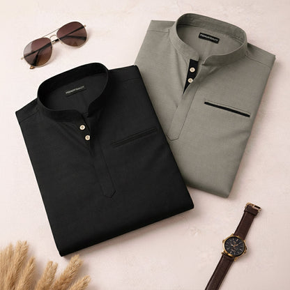 Pack Of 2 Urban Fit Olive & Black Short Linen Kurta For Men