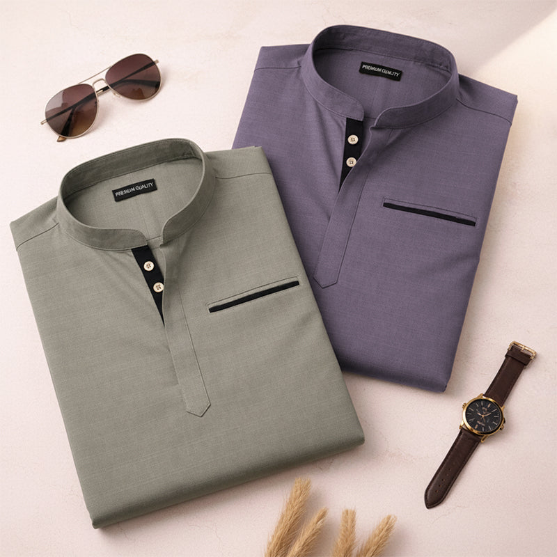 Pack Of 2 Urban Fit Olive & Purple Short Linen Kurta For Men