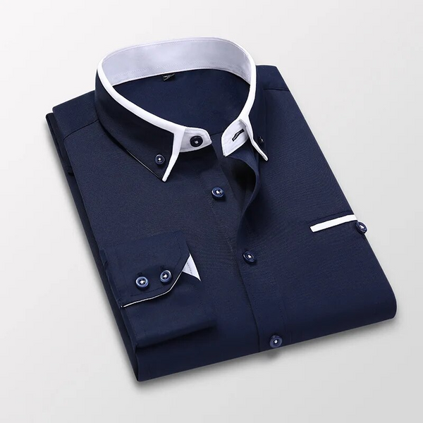 Down Collar Cotton Blend Solid Shirt For Man (Navy Blue)