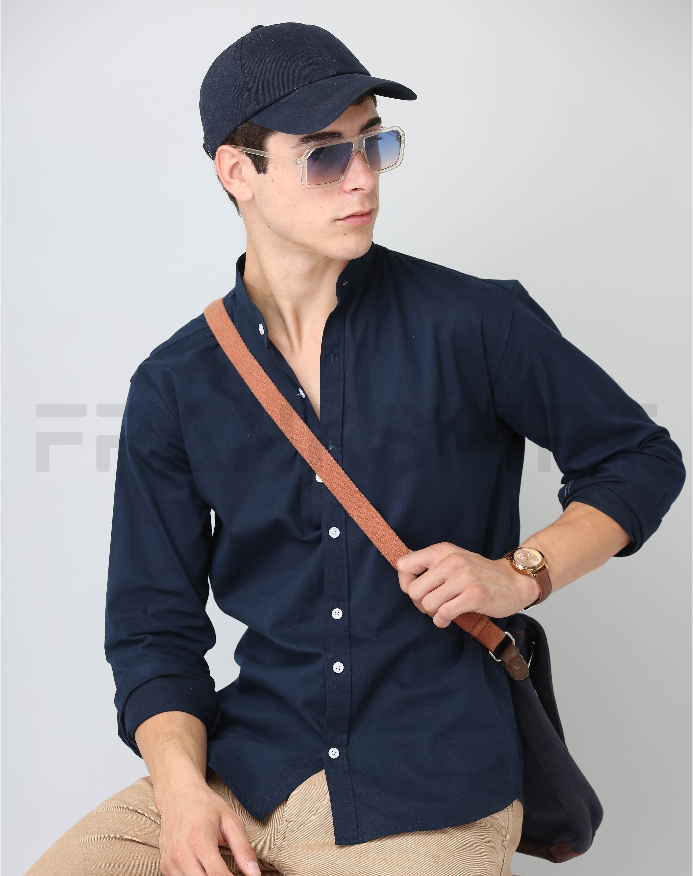 Frankshirt Chinese Collar Navy Blue Solid Tailored Fit Cotton Casual Shirt for Man
