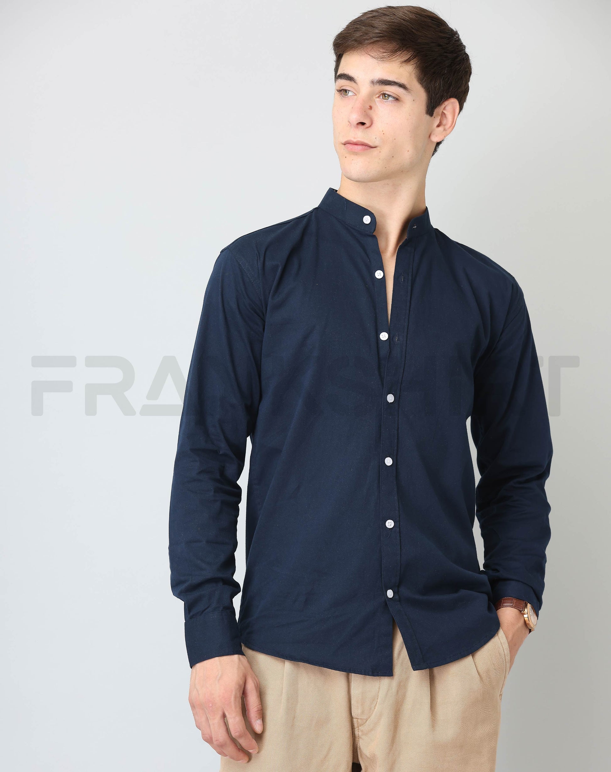 Frankshirt Chinese Collar Navy Blue Solid Tailored Fit Cotton Casual Shirt for Man - Frankshop.in