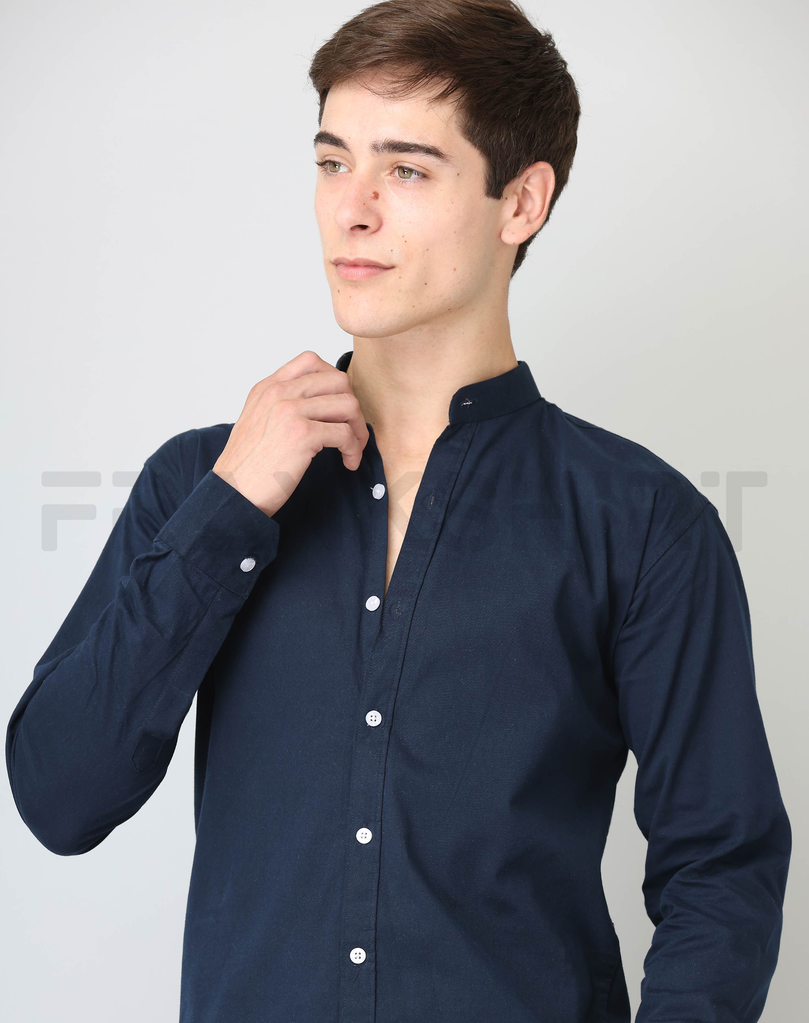 Frankshirt Chinese Collar Navy Blue Solid Tailored Fit Cotton Casual Shirt for Man