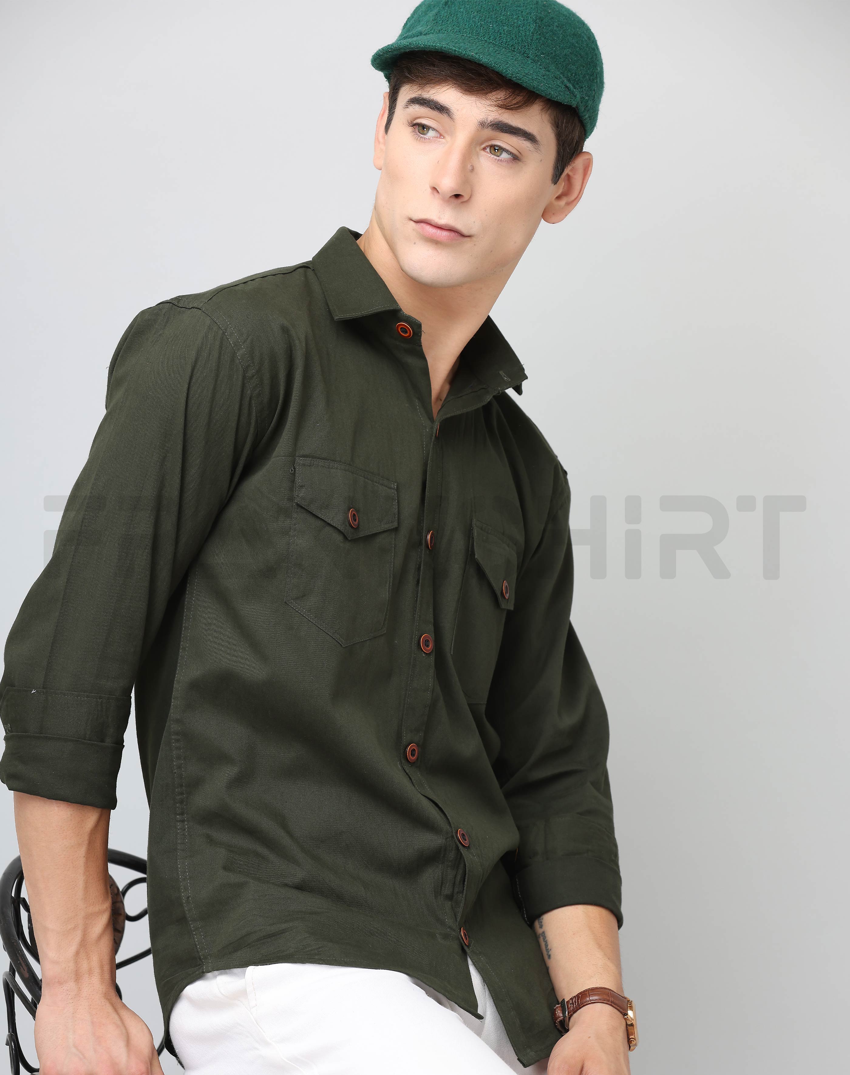 Frankshirt Double Pocket Bottle Green Solid Tailored Fit Cotton Casual Shirt for Man