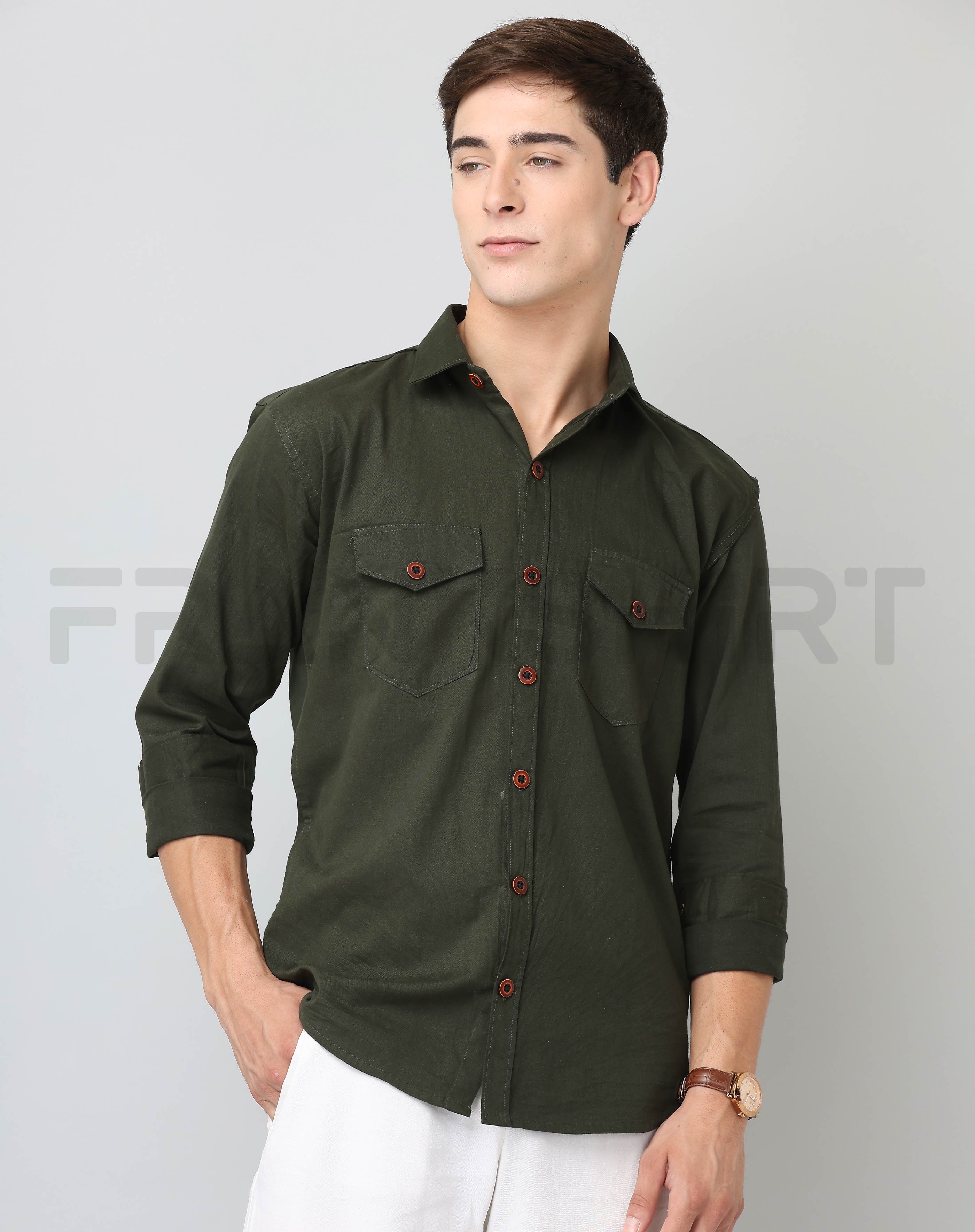 Frankshirt Double Pocket Bottle Green Solid Tailored Fit Cotton Casual Shirt for Man
