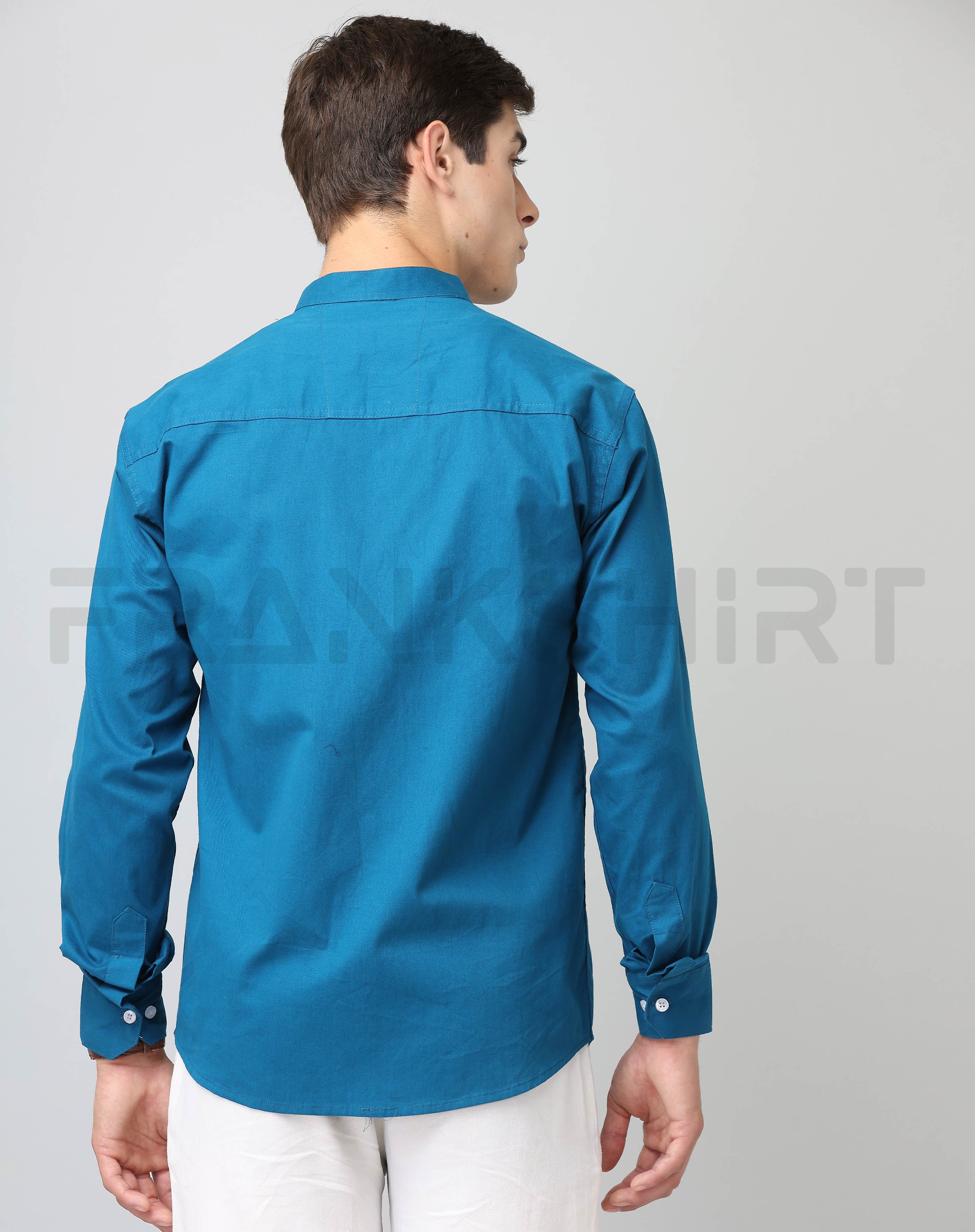 Frankshirt Chinese Collar Peacocke Blue Solid Tailored Fit Cotton Casual Shirt for Man