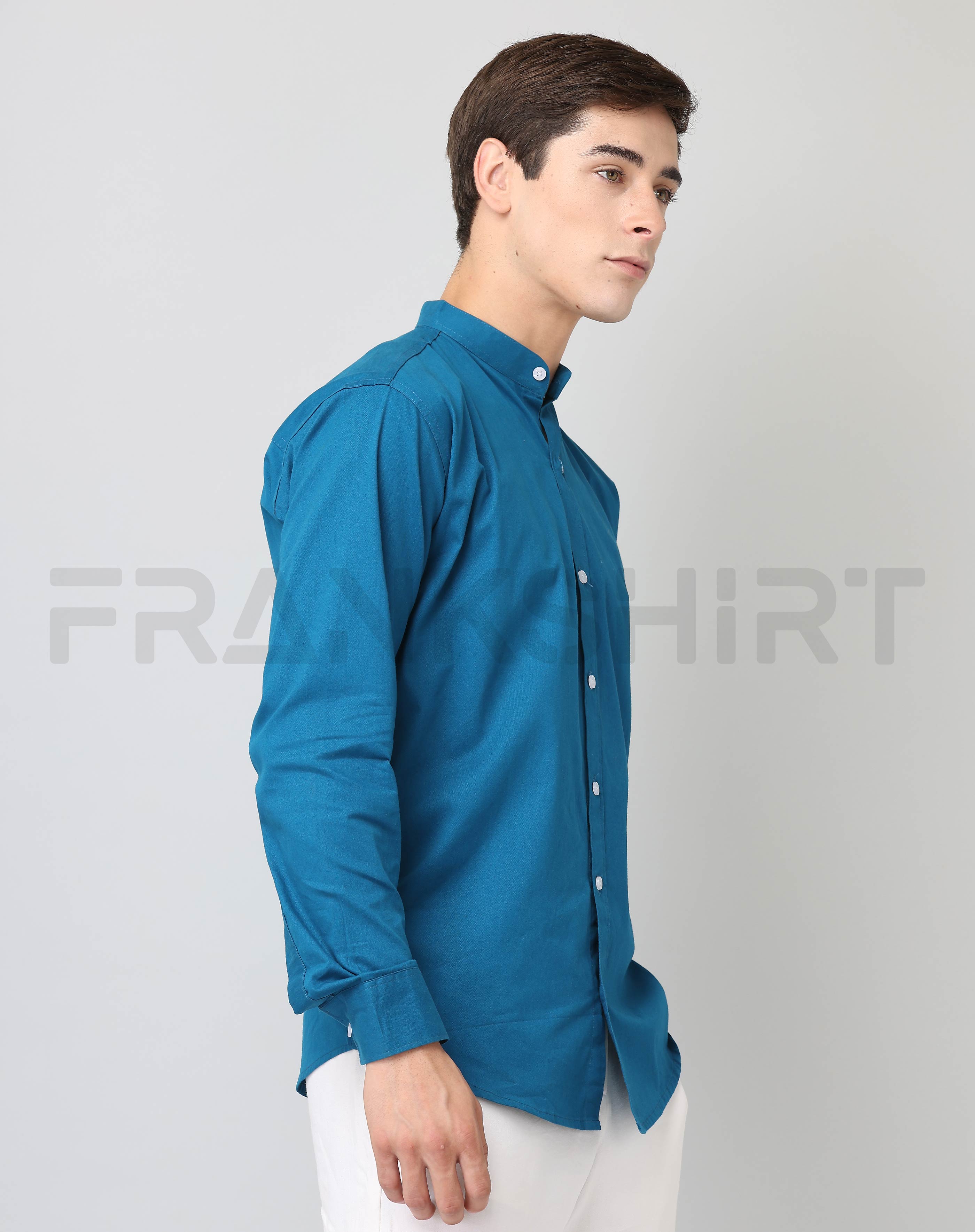 Frankshirt Chinese Collar Peacocke Blue Solid Tailored Fit Cotton Casual Shirt for Man