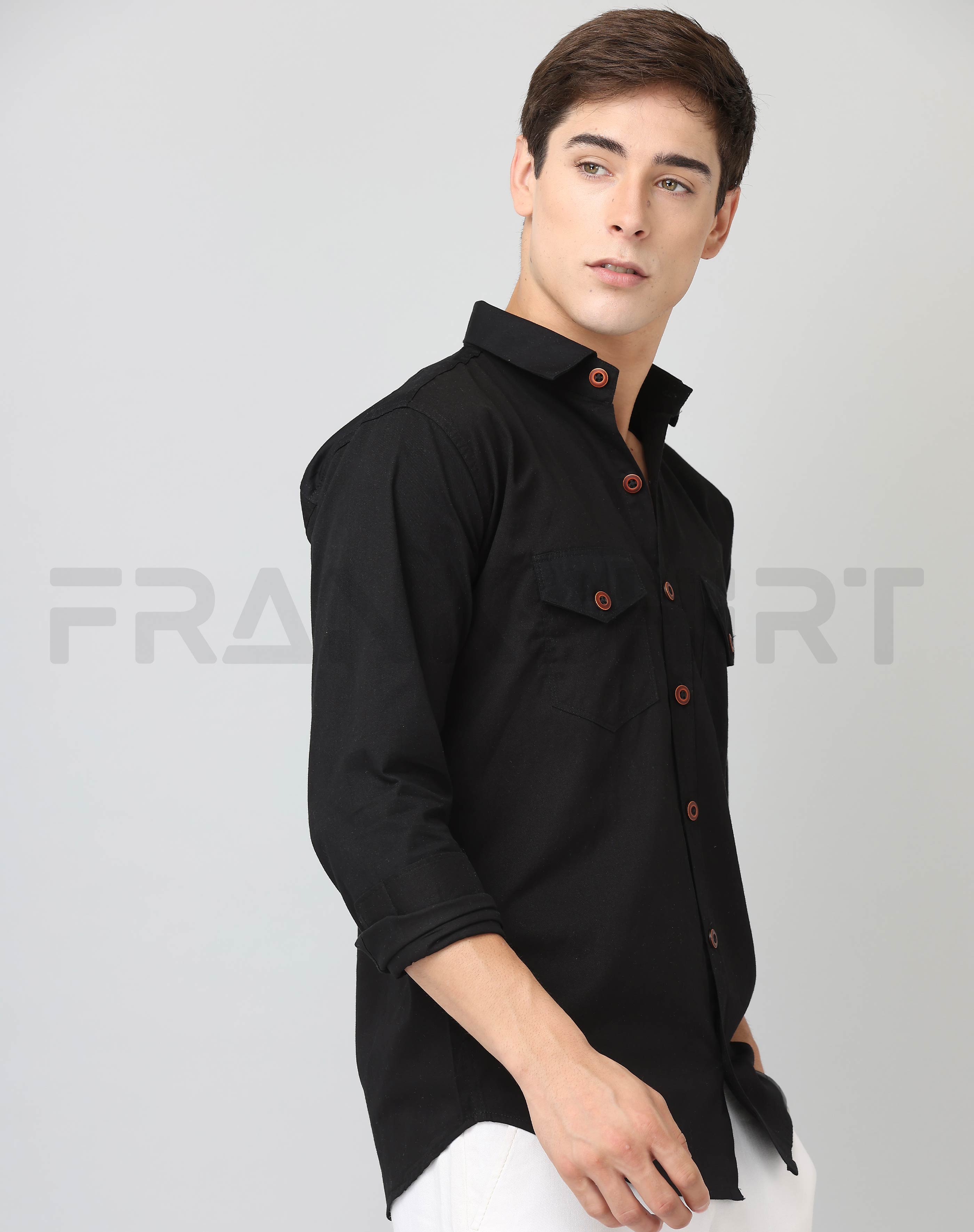 Frankshirt Double Pocket Black Solid Tailored Fit Cotton Casual Shirt for Man