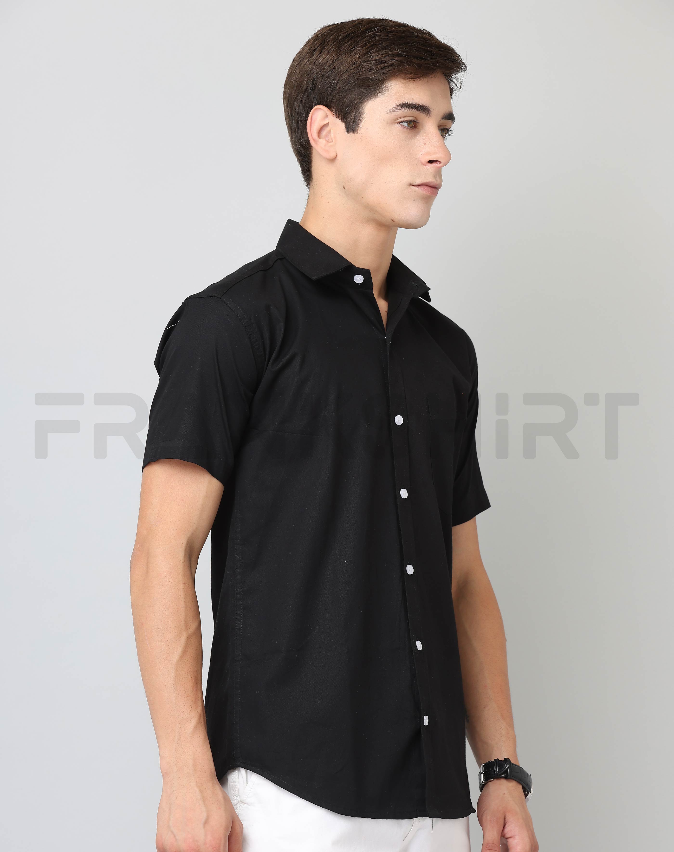 Frankshirt Half Sleeve Black Tailored Fit Cotton Casual Shirt for Man