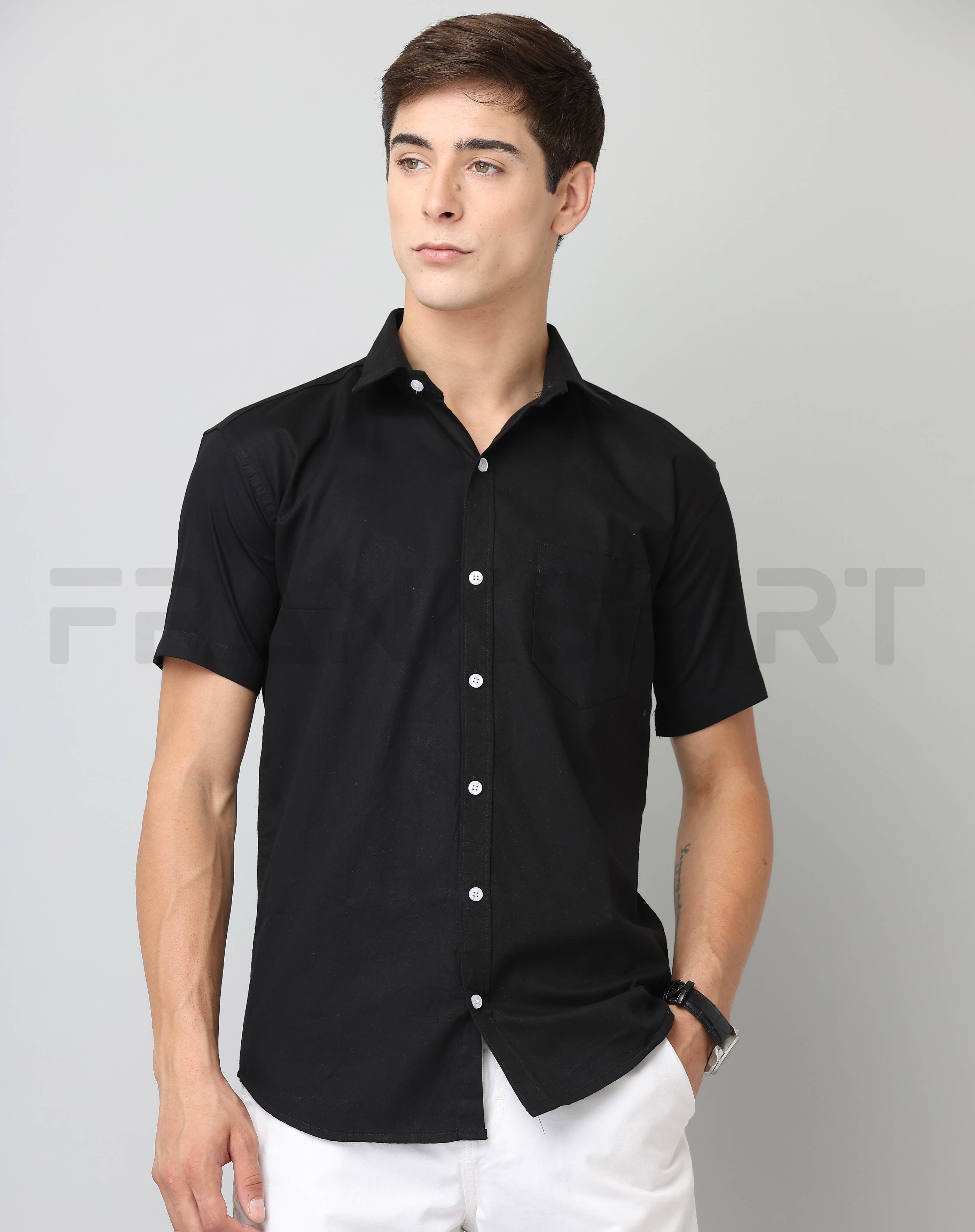 Frankshirt Half Sleeve Black Tailored Fit Cotton Casual Shirt for Man