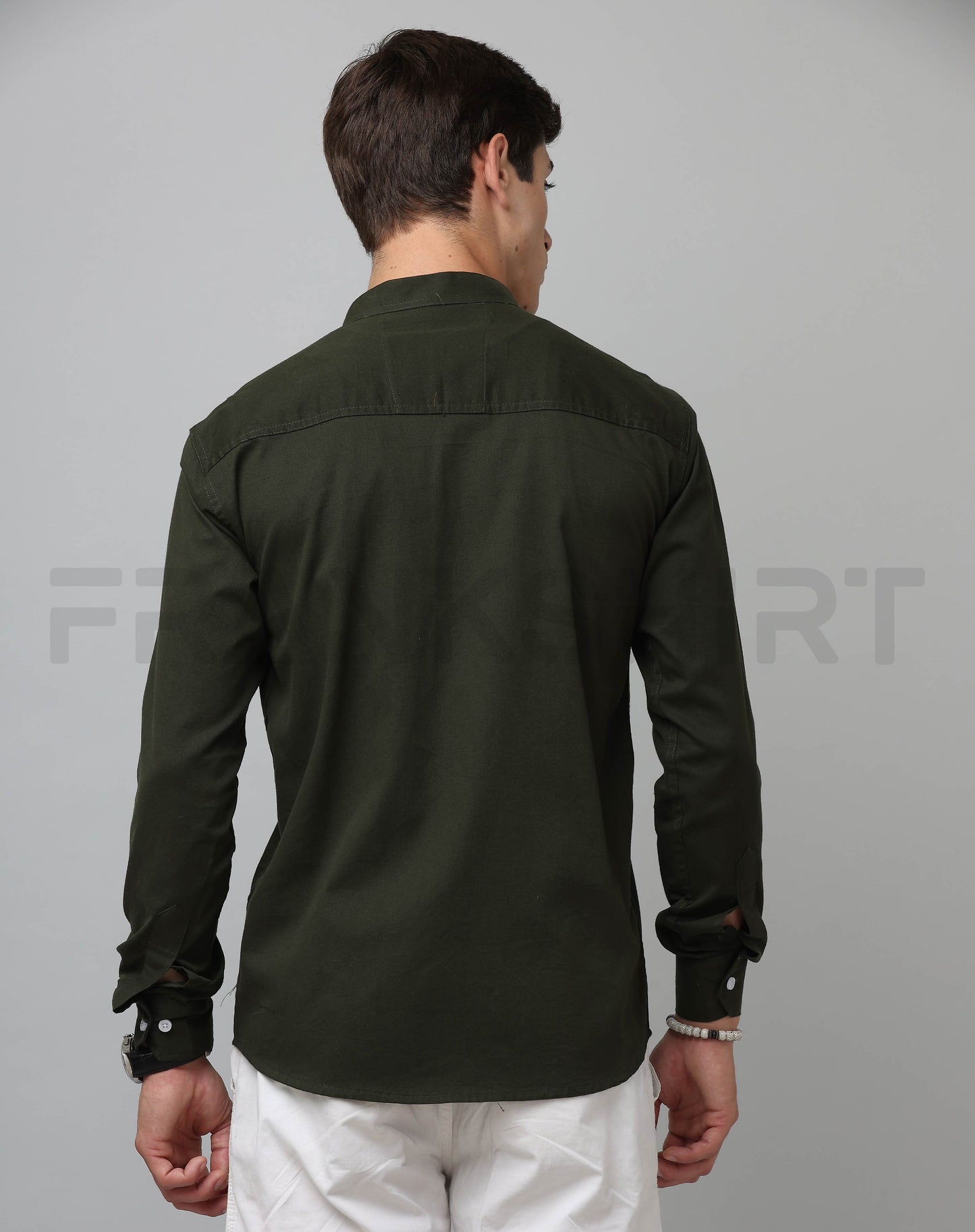 Frankshirt Chinese Collar Bottle Green Tailored Fit Cotton Casual Shirt for Man - Frankshop.in