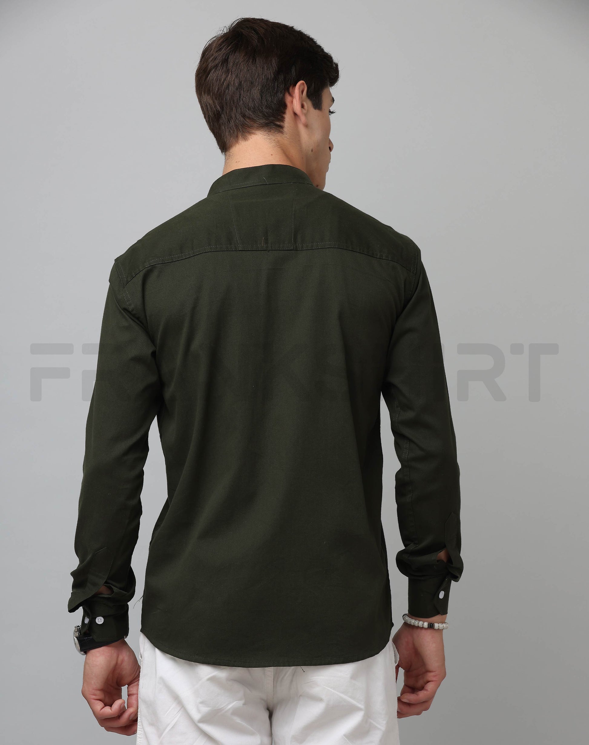 Frankshirt Chinese Collar Bottle Green Tailored Fit Cotton Casual Shirt for Man - Frankshop.in