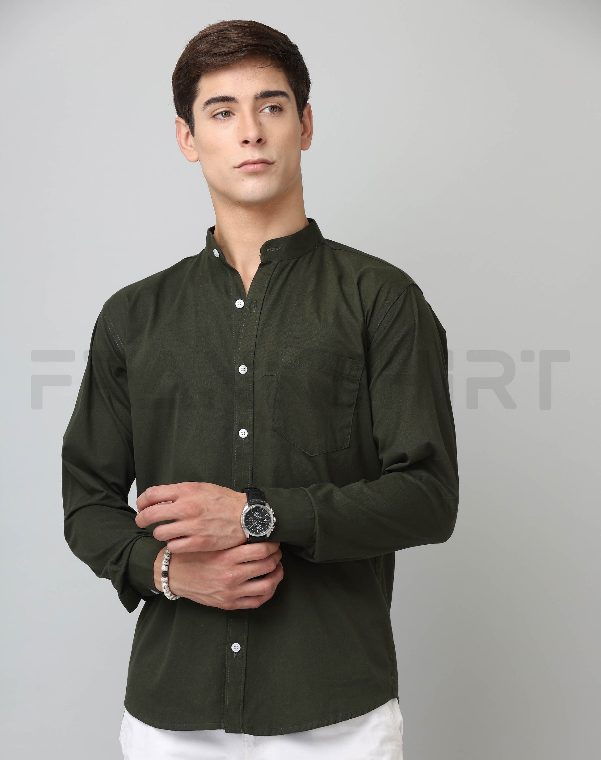 Frankshirt Chinese Collar Bottle Green Tailored Fit Cotton Casual Shirt for Man - Frankshop.in