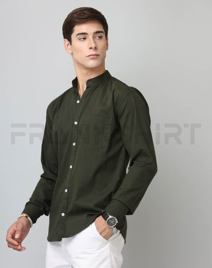Frankshirt Chinese Collar Bottle Green Tailored Fit Cotton Casual Shirt for Man - Frankshop.in