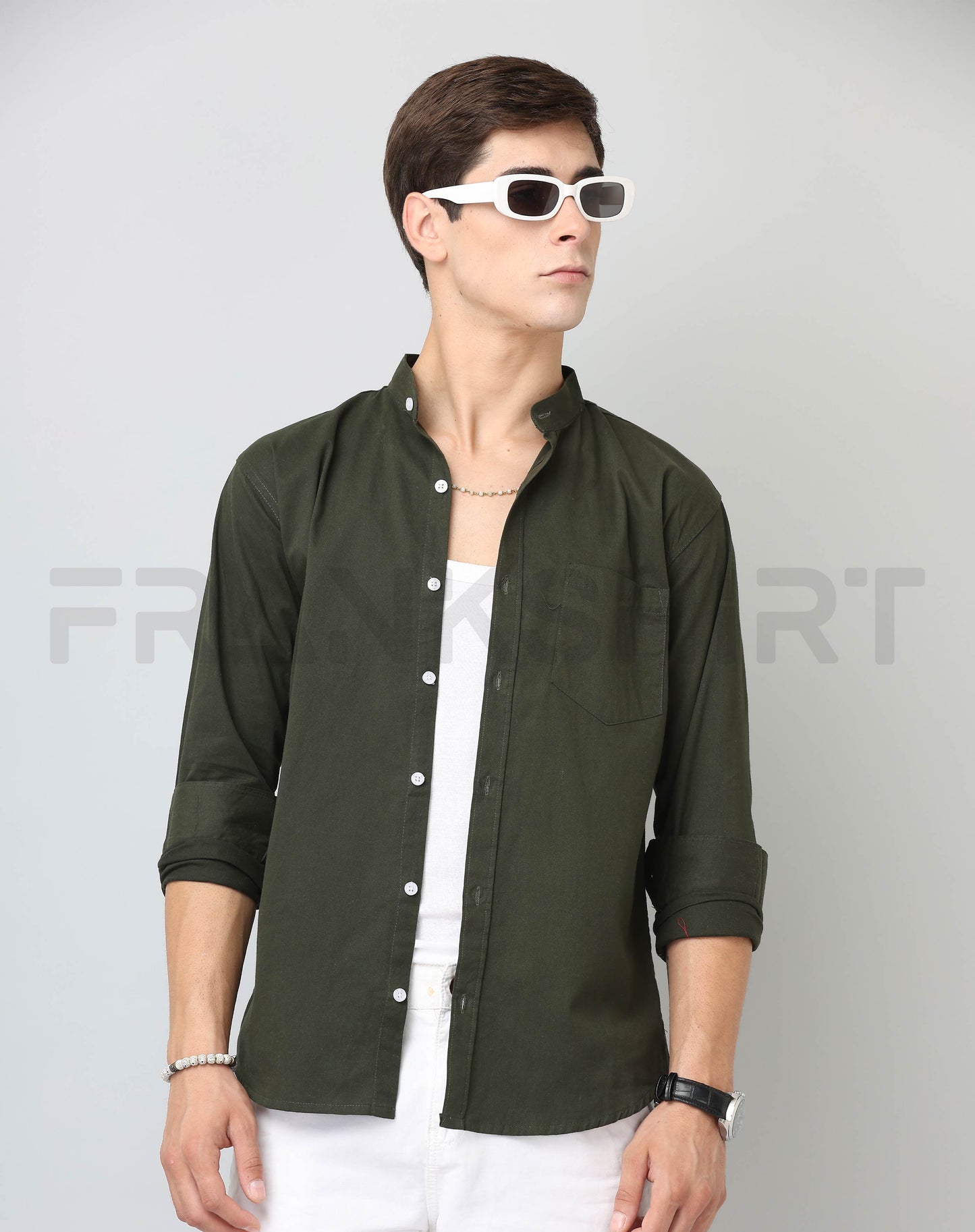 Frankshirt Chinese Collar Bottle Green Tailored Fit Cotton Casual Shirt for Man - Frankshop.in