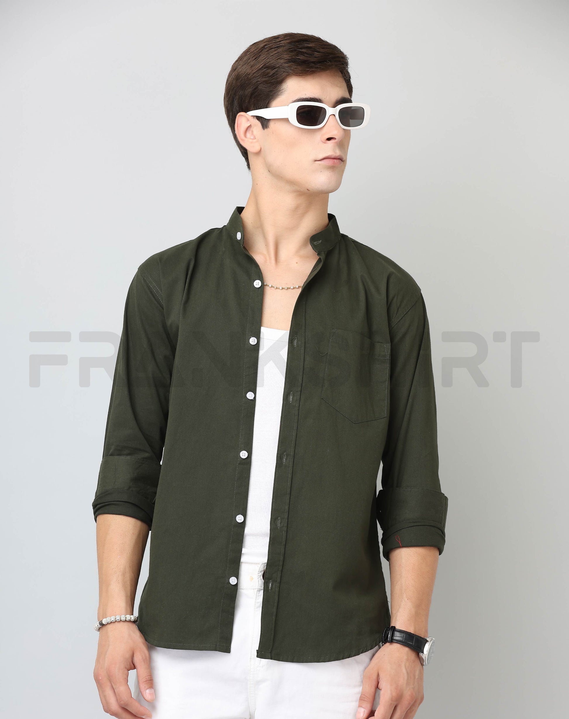 Frankshirt Chinese Collar Bottle Green Tailored Fit Cotton Casual Shirt for Man - Frankshop.in
