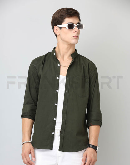 Frankshirt Chinese Collar Bottle Green Tailored Fit Cotton Casual Shirt for Man - Frankshop.in