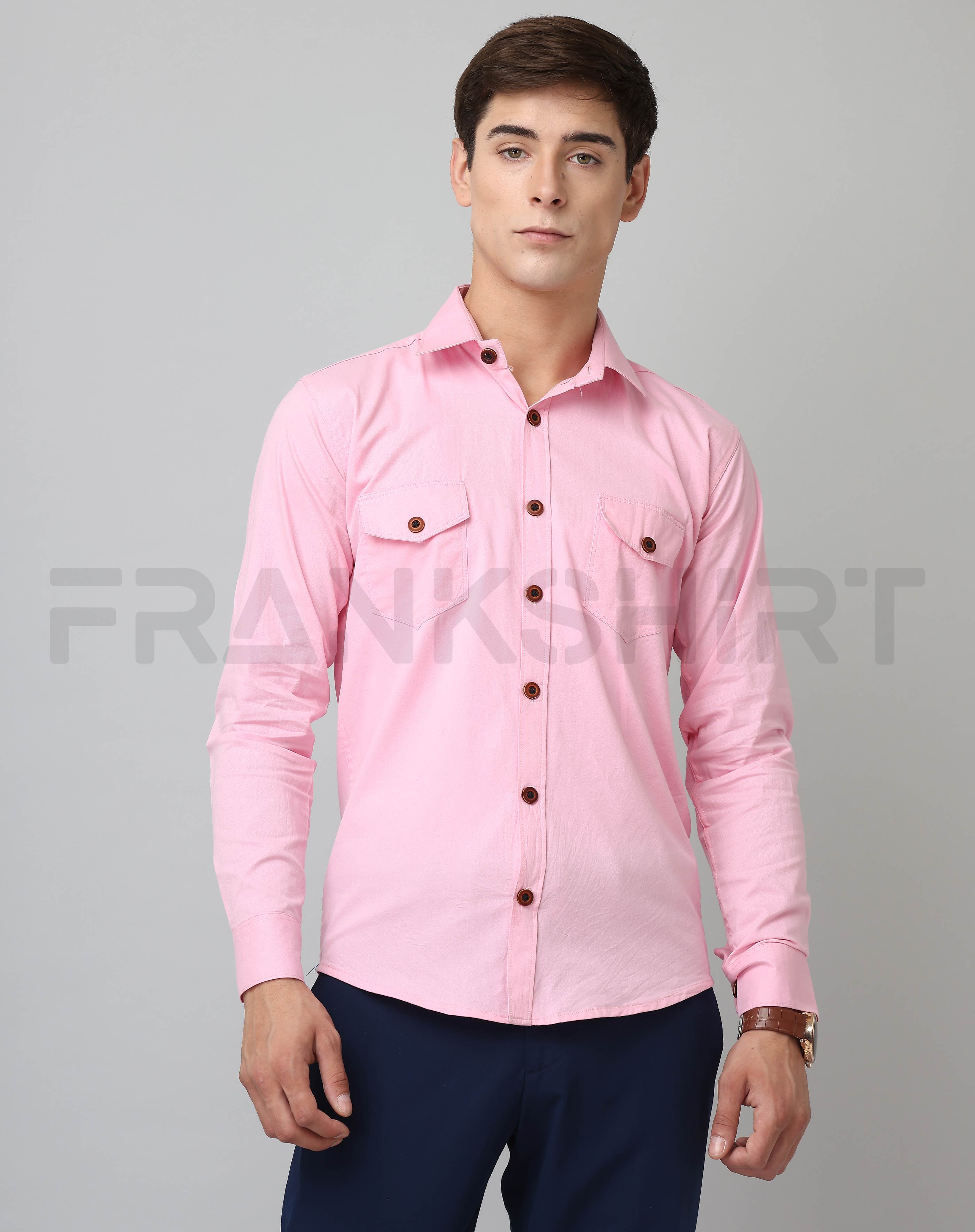Frankshirt Double Pocket Pink Solid Tailored Fit Cotton Casual Shirt for Man