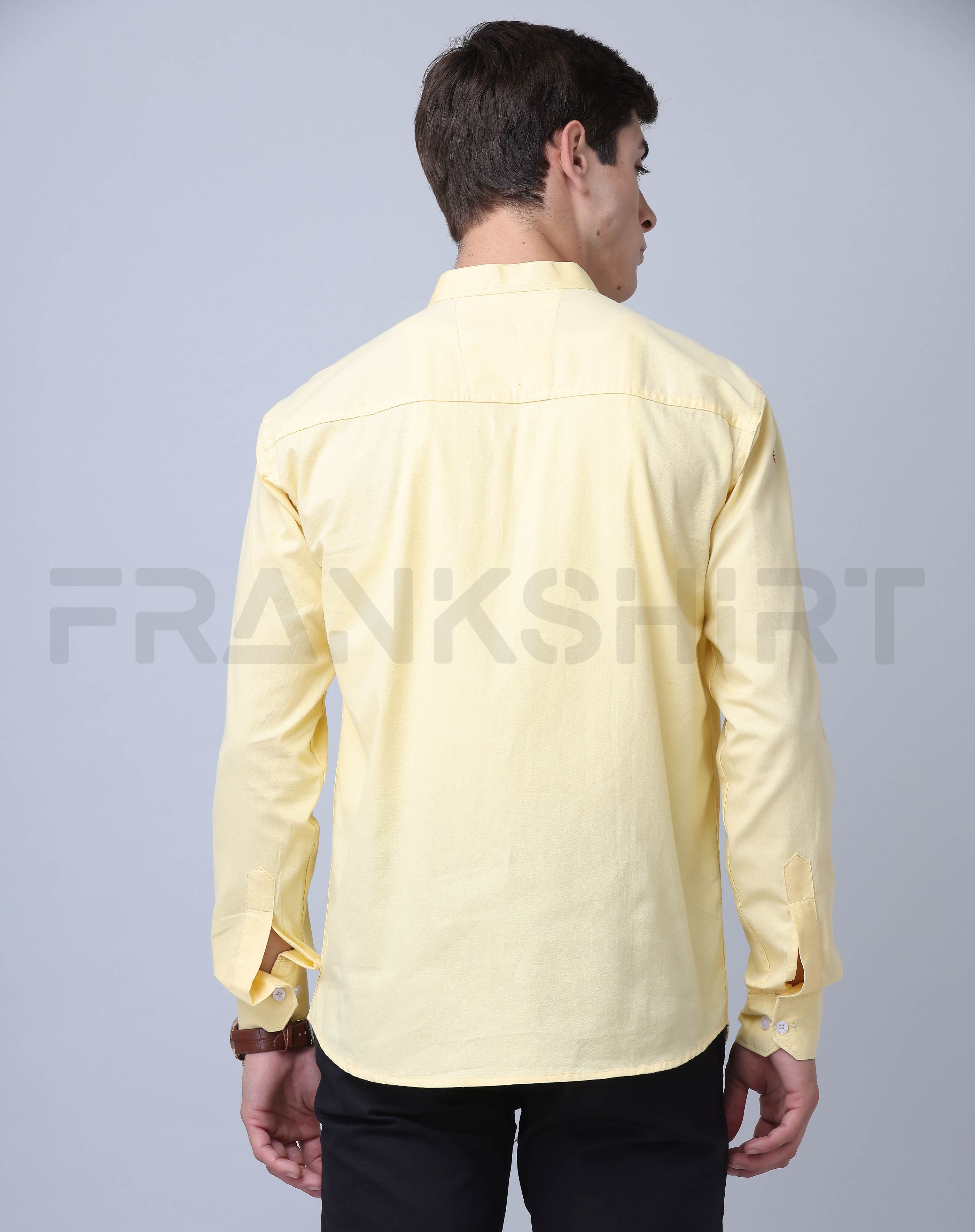 Frankshirt Chinese Collar Yellow Tailored Fit Cotton Casual Shirt for Man