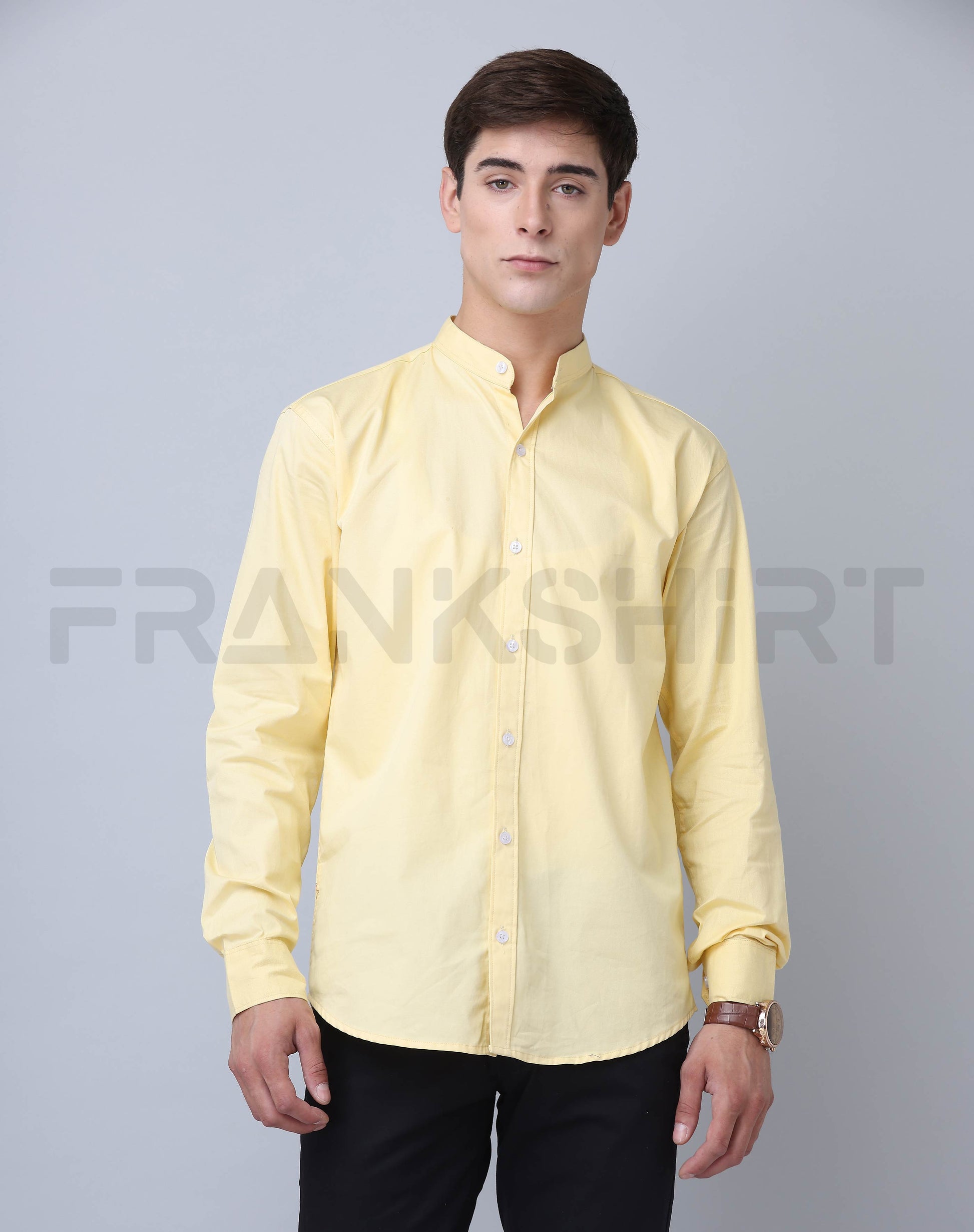 Frankshirt Chinese Collar Yellow Tailored Fit Cotton Casual Shirt for Man - Frankshop.in