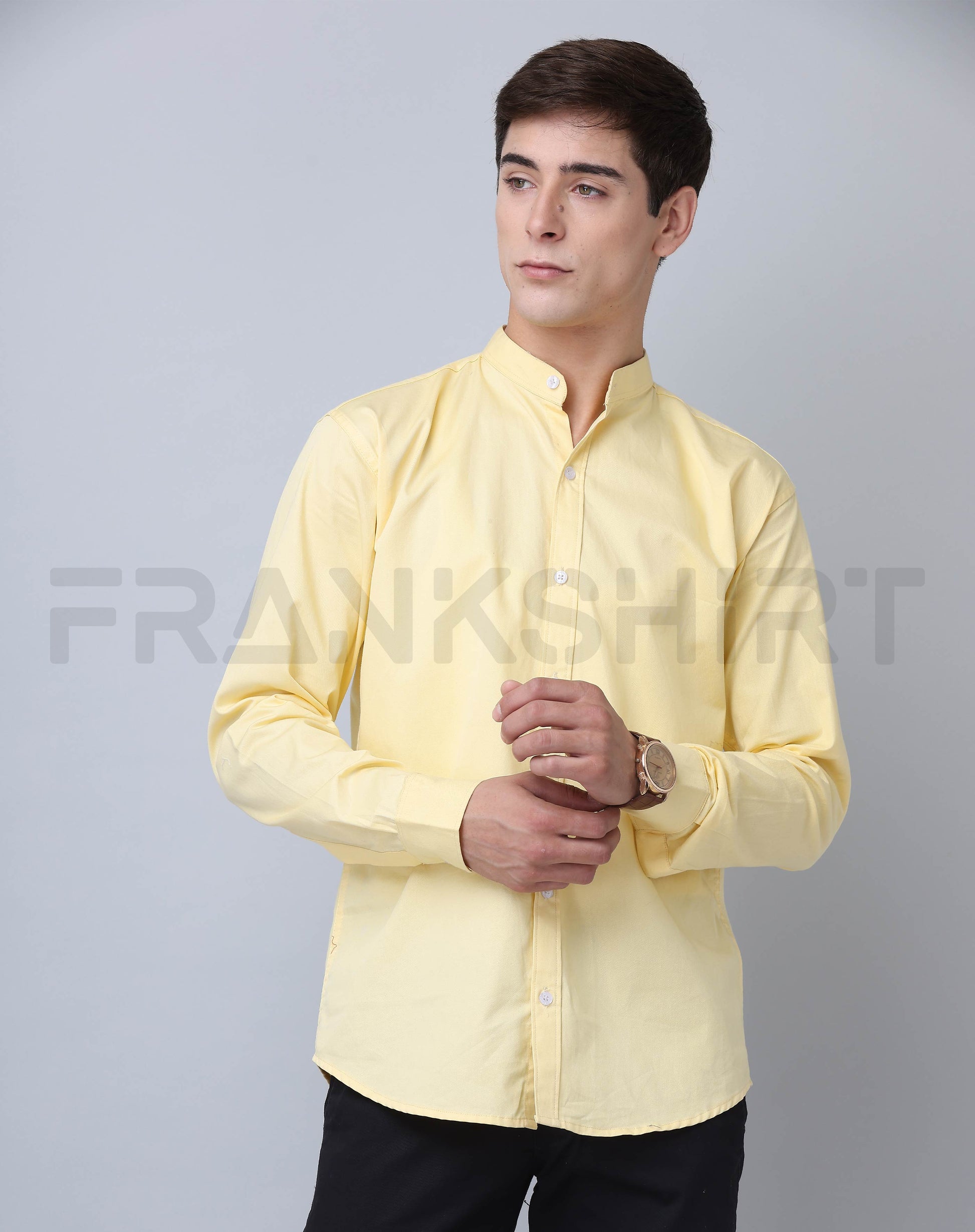 Frankshirt Chinese Collar Yellow Tailored Fit Cotton Casual Shirt for Man - Frankshop.in