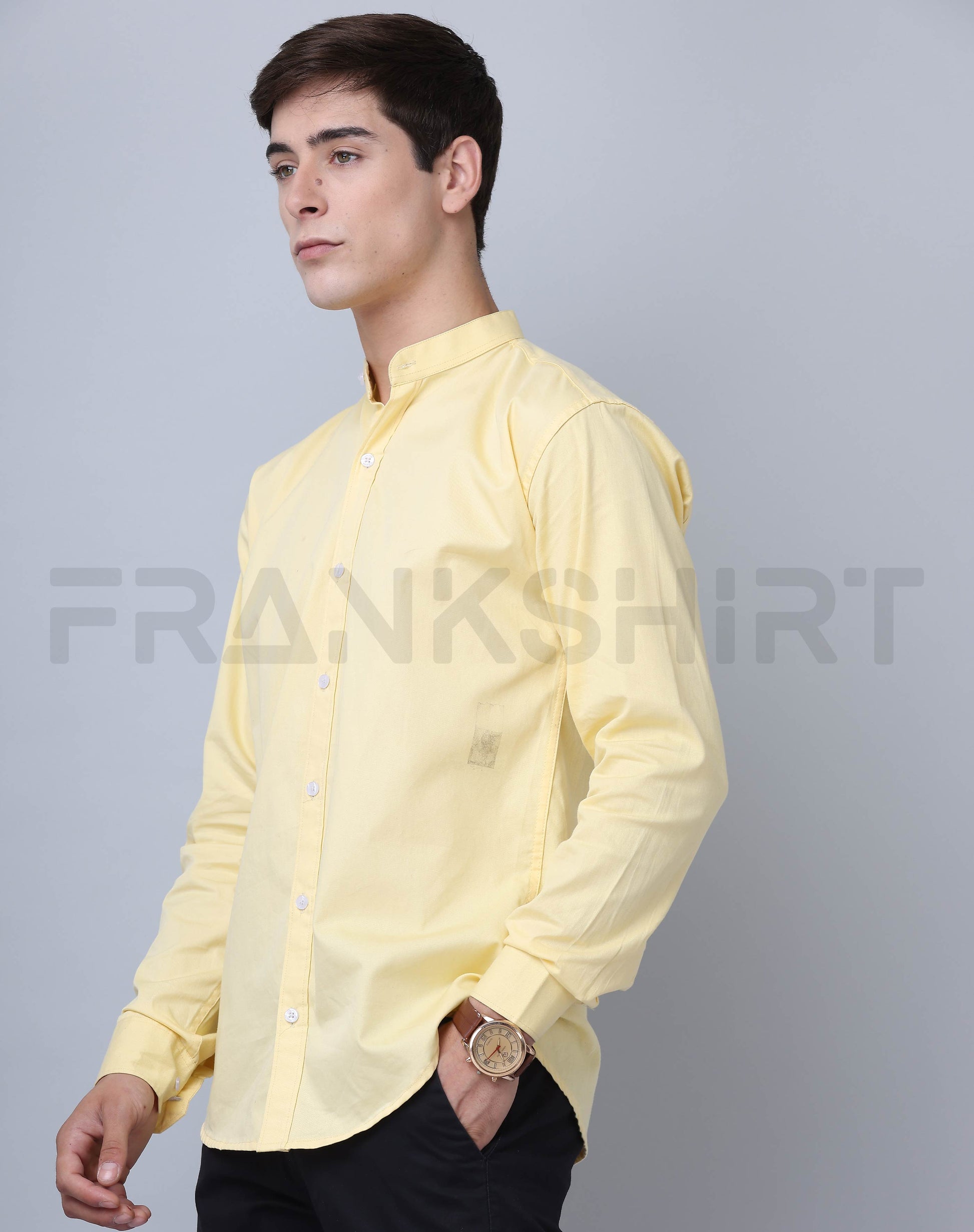 Frankshirt Chinese Collar Yellow Tailored Fit Cotton Casual Shirt for Man - Frankshop.in