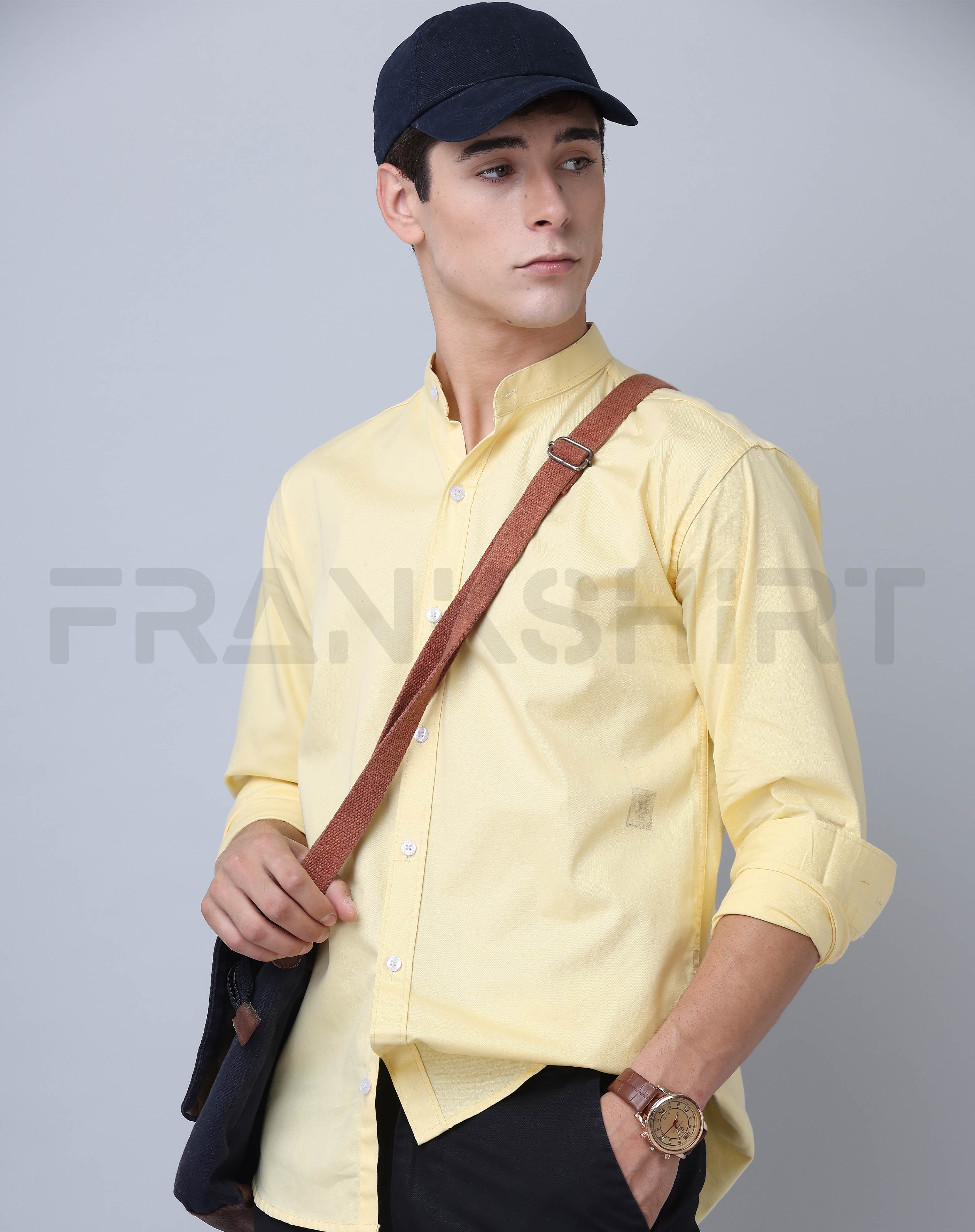 Frankshirt Chinese Collar Yellow Tailored Fit Cotton Casual Shirt for Man