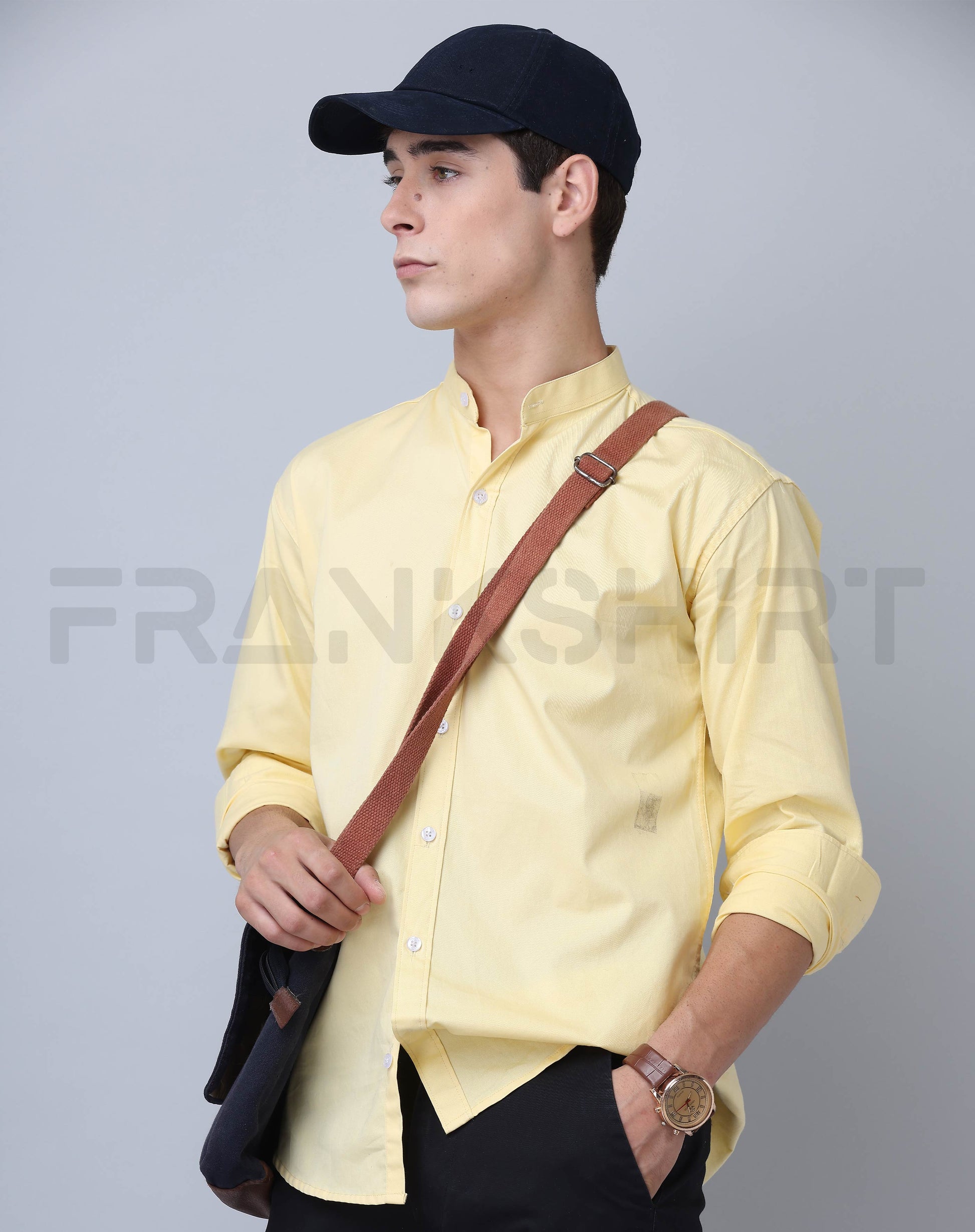 Frankshirt Chinese Collar Yellow Tailored Fit Cotton Casual Shirt for Man - Frankshop.in
