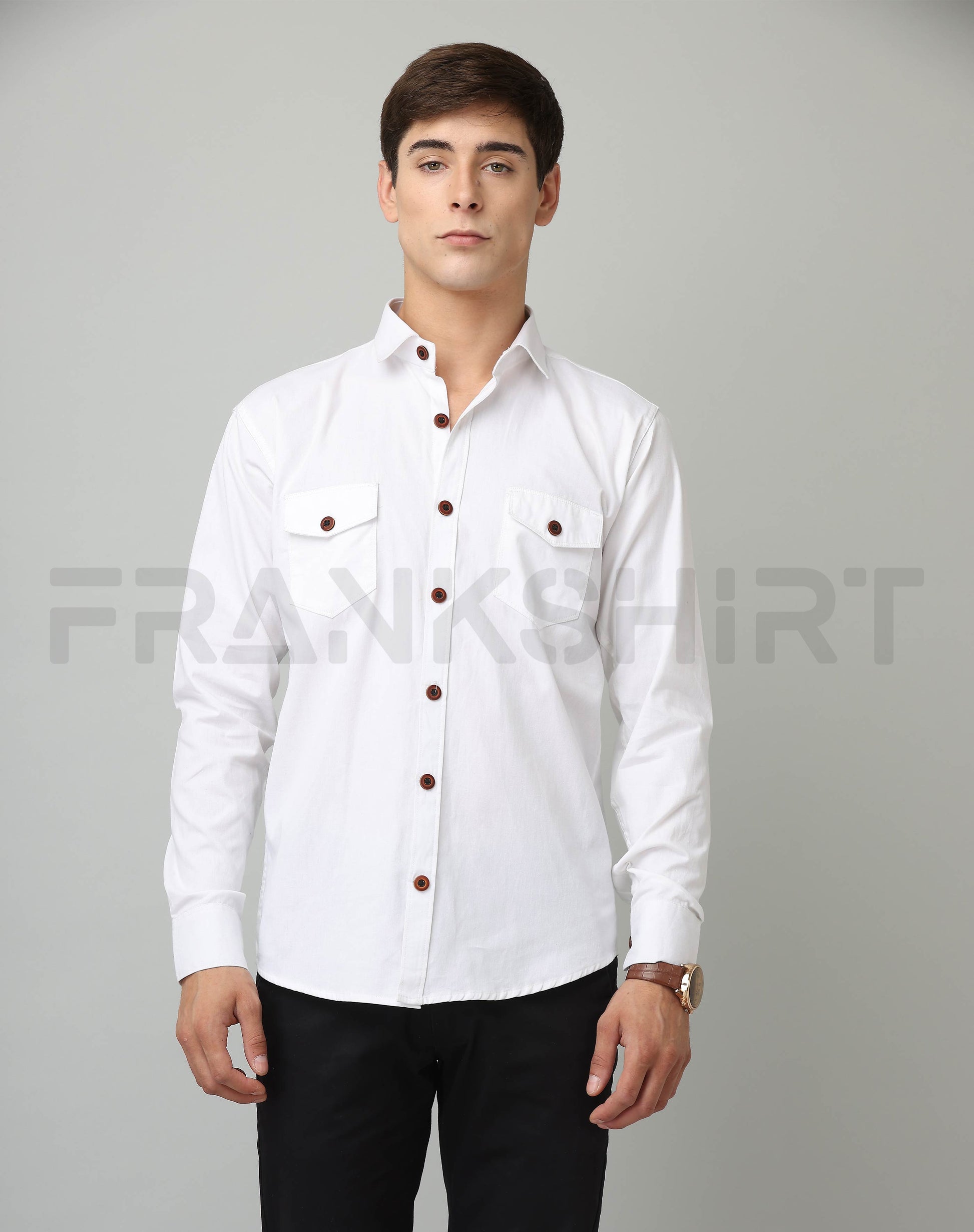 Frankshirt Double Pocket White Solid Tailored Fit Cotton Casual Shirt for Man - Frankshop.in