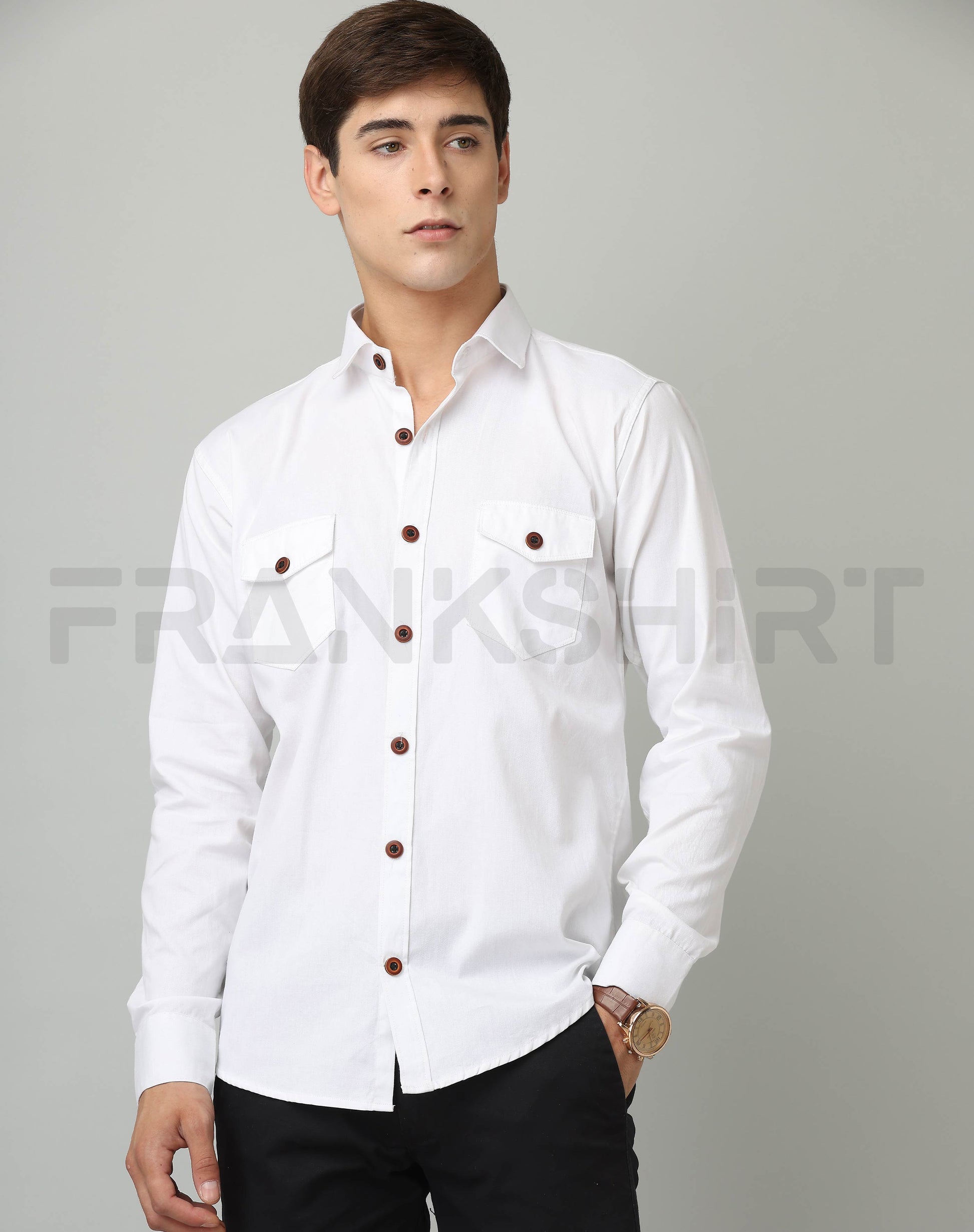 Frankshirt Double Pocket White Solid Tailored Fit Cotton Casual Shirt for Man - Frankshop.in