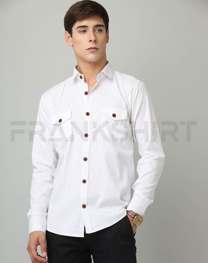 Frankshirt Double Pocket White Solid Tailored Fit Cotton Casual Shirt for Man - Frankshop.in