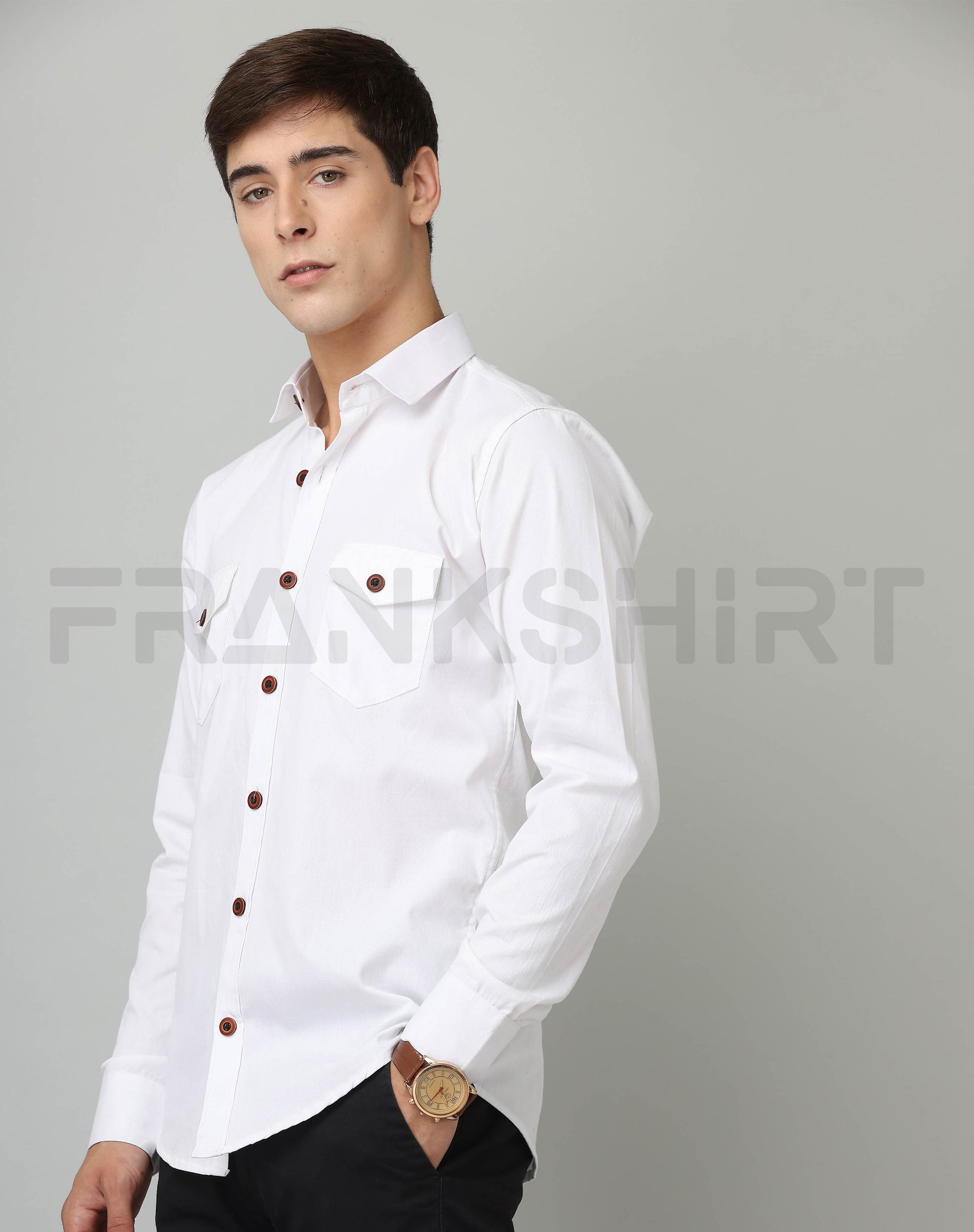 Frankshirt Double Pocket White Solid Tailored Fit Cotton Casual Shirt for Man - Frankshop.in