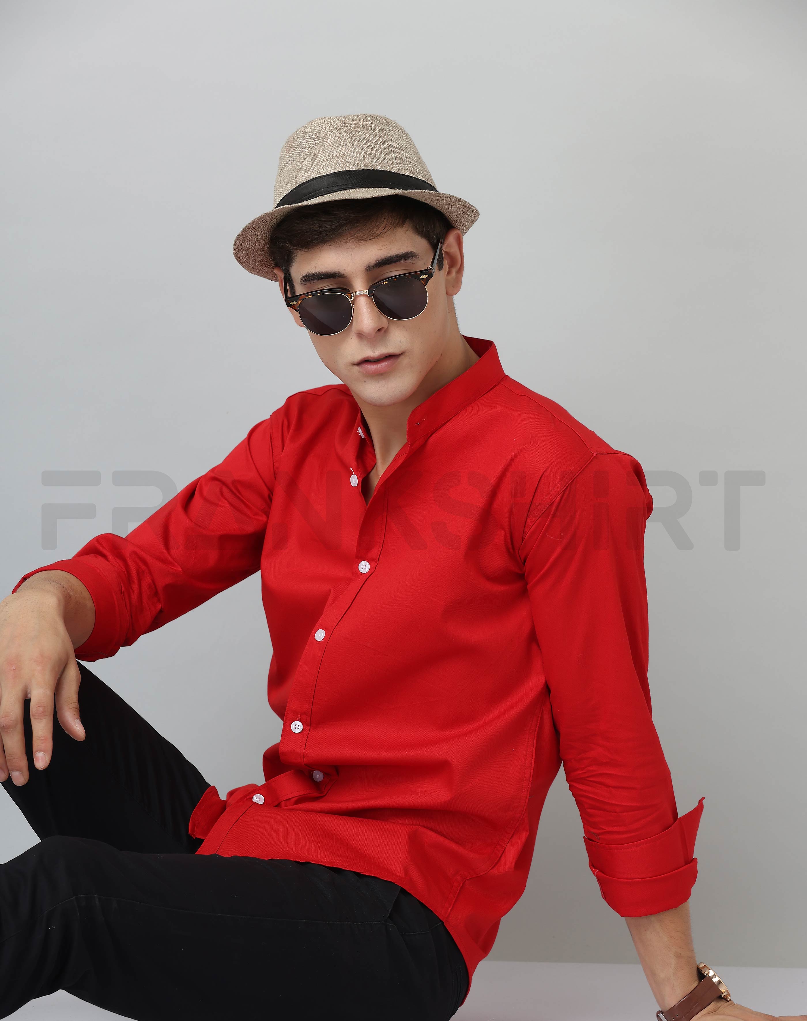 Frankshirt Chinese Collar Red Tailored Fit Cotton Casual Shirt for Man