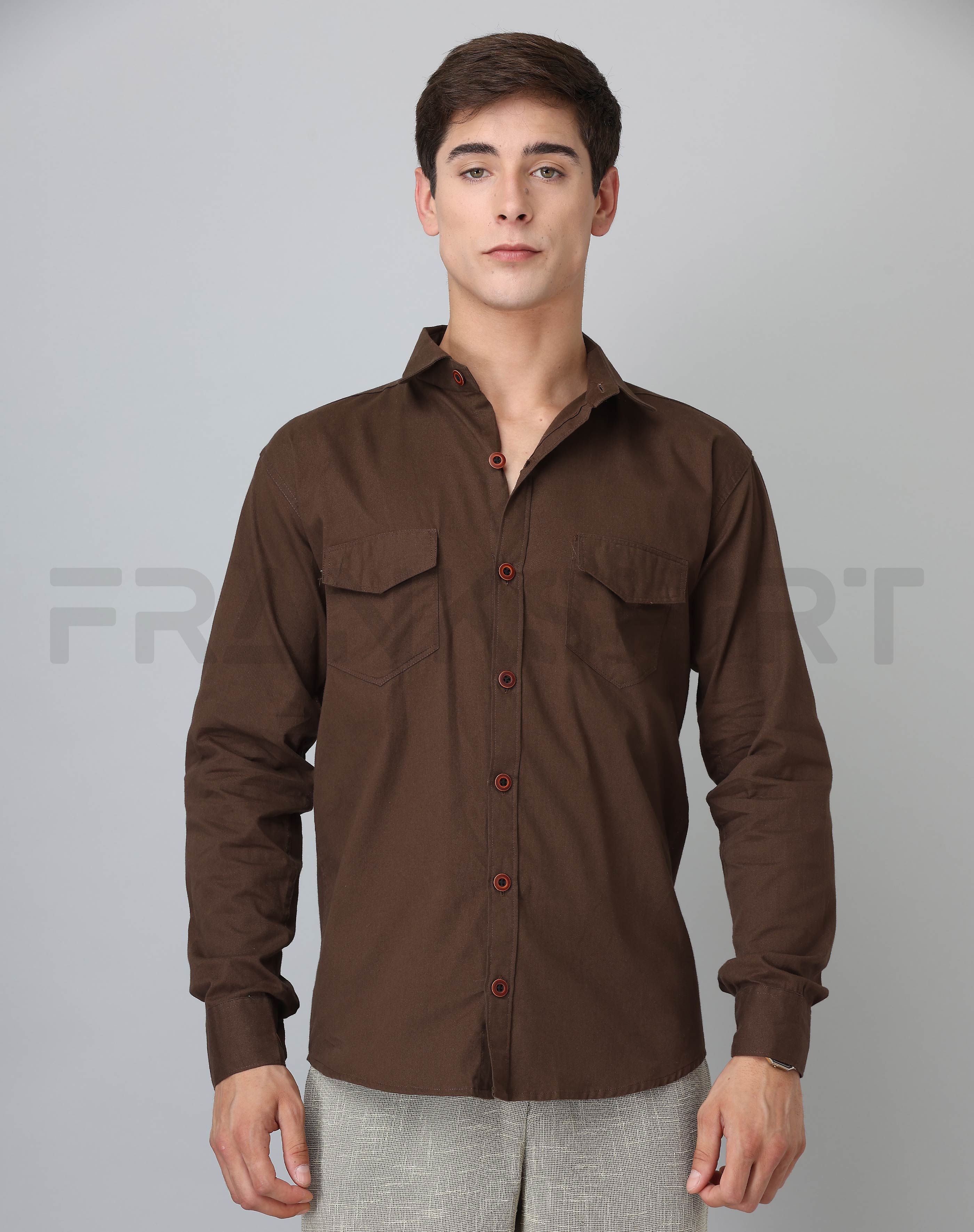 Frankshirt Double Pocket Mehandi Solid Tailored Fit Cotton Casual Shirt for Man