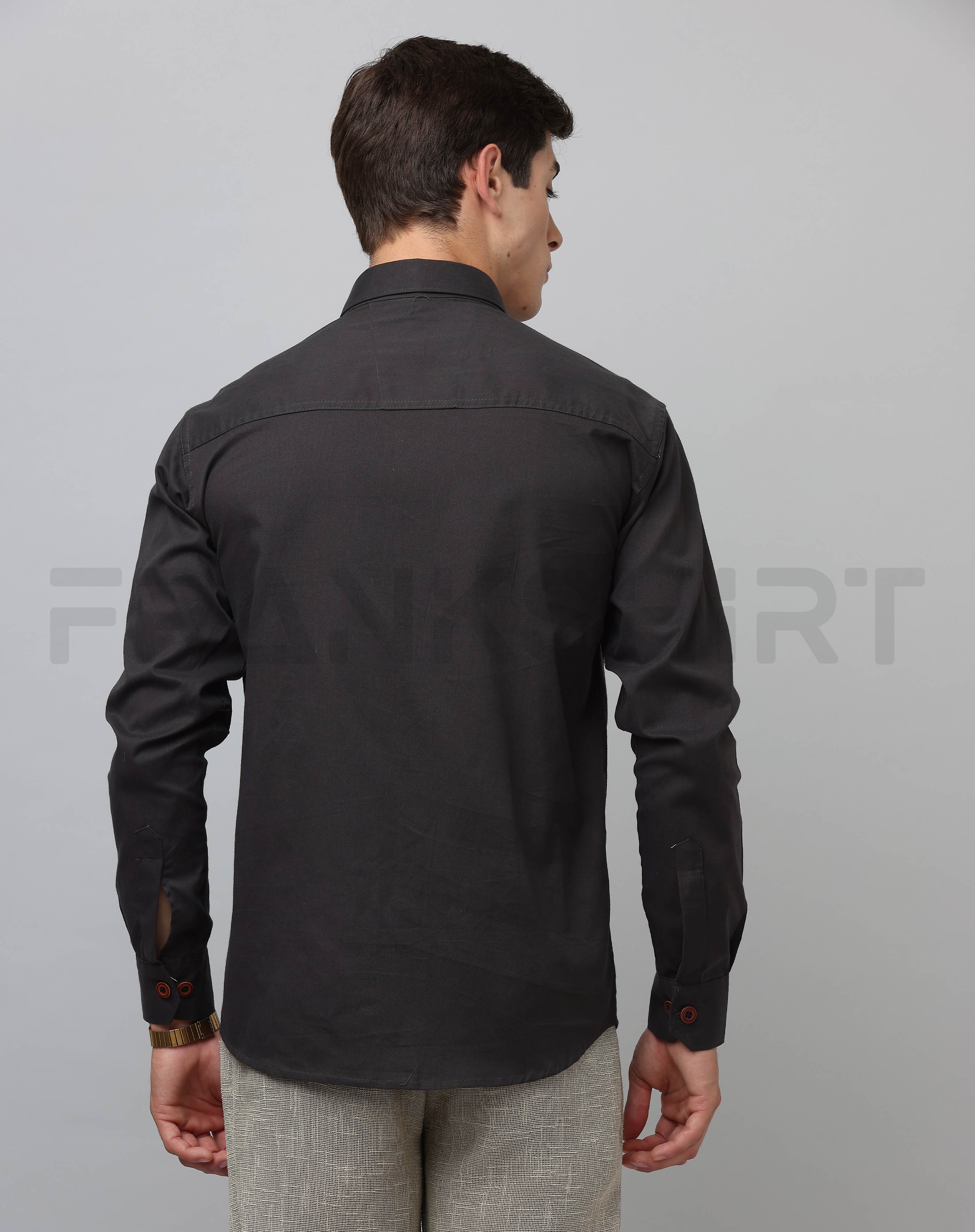 Frankshirt Double Pocket Dark Grey Solid Tailored Fit Cotton Casual Shirt for Man