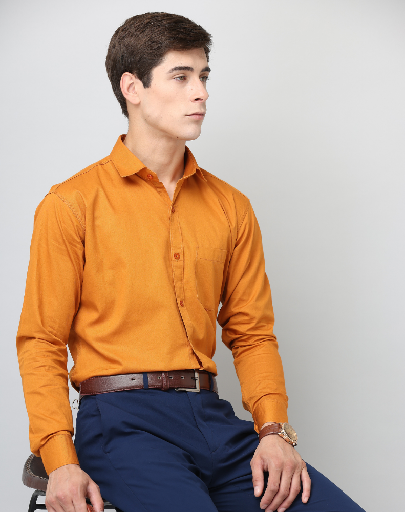 Frankshirt Mustard Solid Tailored Fit Cotton Casual Shirt for Man