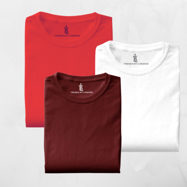 Pack of 3 Half Sleeves T-Shirts for Men 180 GSM (Red,Maroon and White)