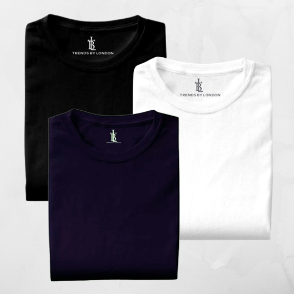 Pack of 3 Half Sleeves T-Shirts for Men 180 GSM (White,Black and Navy Blue)